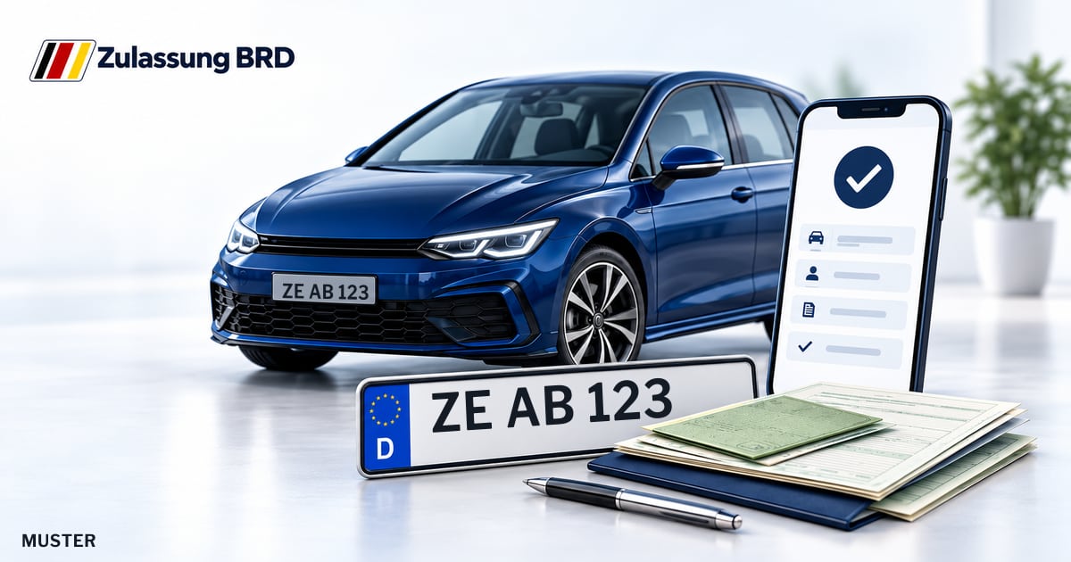 Online Fahrzeugzulassung in Sandersdorf-Brehna: Musterkennzeichen ZE AB 123, Auto und Fahrzeugpapiere und Smartphone. Illustration mit Logo von Zulassung BRD.